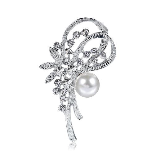 Rhinestone Zinc Alloy Brooch, with Plastic Pearl, Flower, fashion jewelry & for woman & with rhinestone, platinum color 