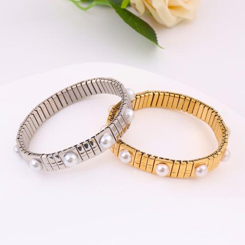 Titanium Steel Bangle, with Plastic Pearl, fashion jewelry & for woman 