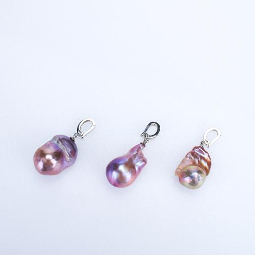 Cultured Pearl Sterling Silver Pendants, Freshwater Pearl, with 925 Sterling Silver, handmade, DIY, purple, 14-15MM [