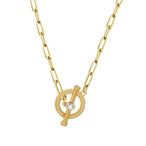 Cubic Zirconia Stainless Steel Necklace, 304 Stainless Steel, with Shell, plated & micro pave cubic zirconia & for woman, golden 