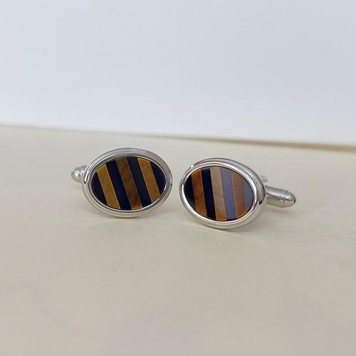 Brass Cufflinks, with Tiger Eye & Black Agate, polished, Unisex, silver color 