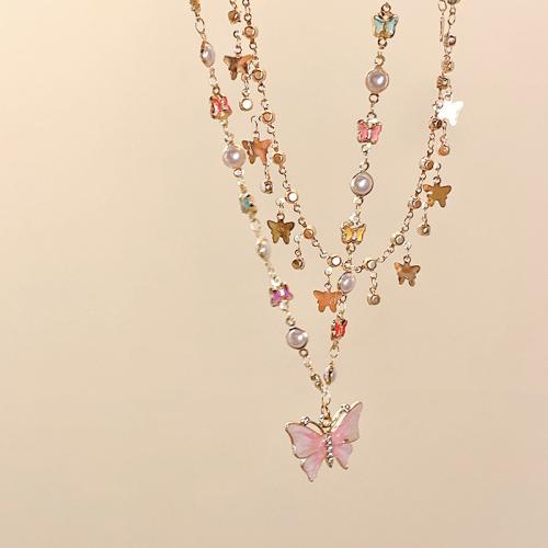 Zinc Alloy Necklace, with Plastic Pearl, Butterfly, gold color plated, Double Layer & for woman & enamel & with rhinestone Approx 12-16 Inch 