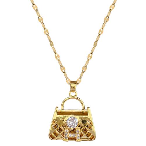 Titanium Steel Necklace, with Brass, with 2inch extender chain, Handbag, gold color plated, micro pave cubic zirconia & for woman Approx 15.7 Inch 