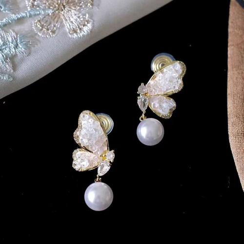 Plastic Pearl Zinc Alloy Earring, with Crystal & Plastic Pearl, Butterfly, fashion jewelry & for woman, 30mm 