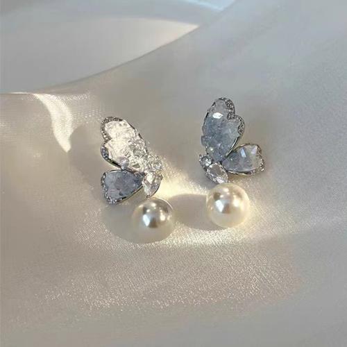 Plastic Pearl Zinc Alloy Earring, with Crystal & Plastic Pearl, Butterfly, fashion jewelry & for woman, blue, 35mm 