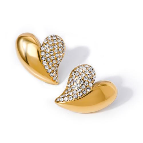 Stainless Steel Rhinestone Stud Earring, 304 Stainless Steel, Heart, 18K gold plated, fashion jewelry & for woman & with rhinestone, golden 