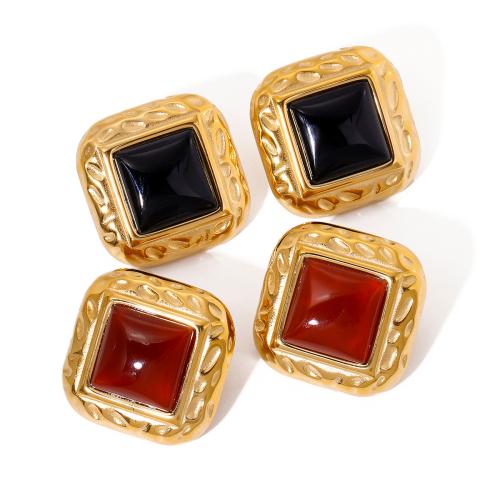 Stainless Steel Stud Earring, 304 Stainless Steel, with Agate, 18K gold plated, fashion jewelry & for woman, golden 