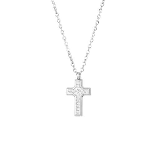 Cubic Zirconia Stainless Steel Necklace, 304 Stainless Steel, with 5cm extender chain, Cross, Vacuum Ion Plating, fashion jewelry & micro pave cubic zirconia & for woman 15mm cm 
