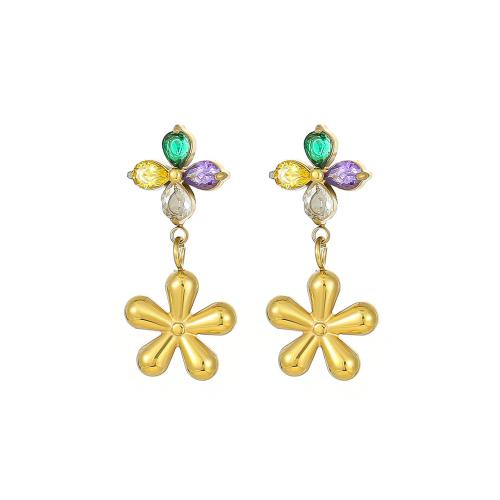 Stainless Steel Drop Earring, 304 Stainless Steel, Flower, Vacuum Ion Plating, fashion jewelry & micro pave cubic zirconia & for woman 