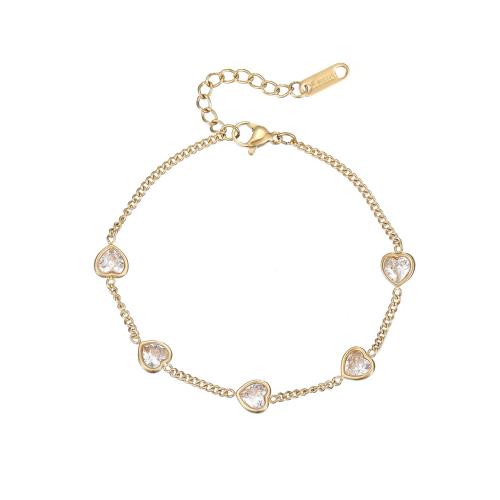 Acero inoxidable Pulsera con dijes, acero inoxidable 304, con cúbica circonia, con 3cm extender cadena, Corazón, Recubrimiento iónico al vacío, Joyería & para mujer, más colores para la opción, longitud:aproximado 16.5 cm, Vendido por UD