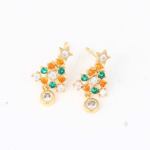 Cubic Zirconia Micro Pave Brass Earring, Christmas Tree, gold color plated, micro pave cubic zirconia & for woman, multi-colored 