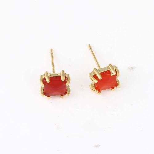 Brass Stud Earring, with Resin, Square, gold color plated, for woman, red 
