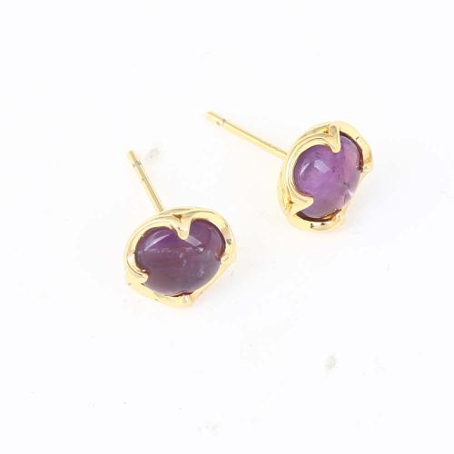 Brass Stud Earring, with Resin, Heart, gold color plated, for woman, purple 