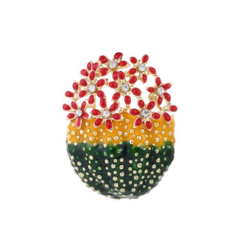 Enamel Brooch, Zinc Alloy, Opuntia Stricta, KC gold color plated, Unisex & with rhinestone [