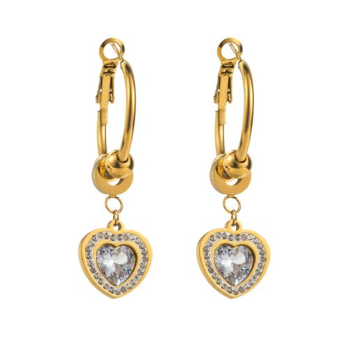 Titanium Steel Earrings, with Glass Rhinestone, fashion jewelry & for woman & with rhinestone, golden 