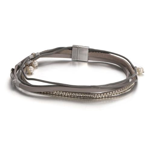 Mixed Material Bracelets, Zinc Alloy, with PU Leather & Crystal & Resin, fashion jewelry & multilayer & Unisex, grey .5 cm [