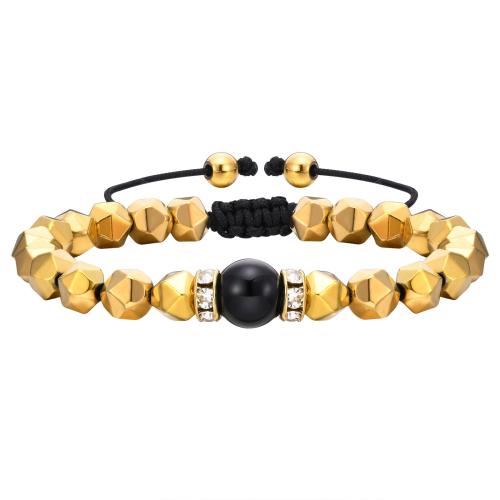 Non Magnetic Hematite Bracelet, with Wax Cord & Agate, plated, Unisex & micro pave cubic zirconia, golden [