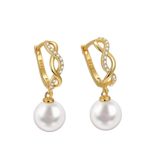 Cubic Zirconia Micro Pave Sterling Silver Earring, 925 Sterling Silver, with Shell Pearl, micro pave cubic zirconia & for woman, golden 