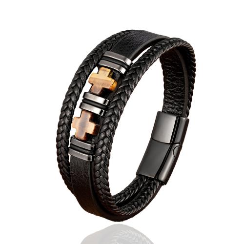PU Leather Cord Bracelets, 304 Stainless Steel, with leather cord & Gemstone, handmade & Unisex, black Approx 21 cm 