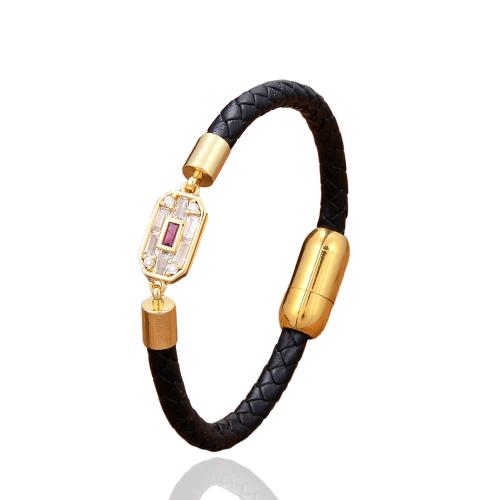 PU Leather Cord Bracelets, 304 Stainless Steel, with leather cord & Brass, handmade, Unisex & micro pave cubic zirconia Approx 21 cm 