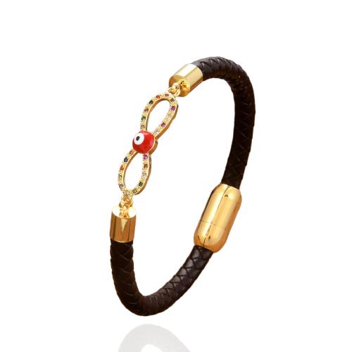 bracelet de cordon en PU , Acier inoxydable 304, avec cordon en cuir & laiton, Placage, unisexe & pavé de micro zircon & émail, plus de couleurs à choisir Environ 21 cm, Vendu par PC