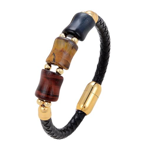 PU Leather Cord Bracelets, 304 Stainless Steel, with leather cord & Tiger Eye, plated, Unisex Approx 21 cm 