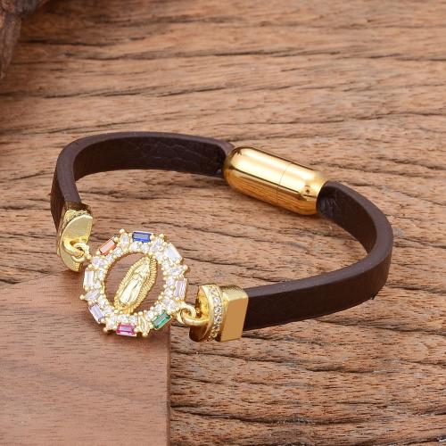 PU Leather Cord Bracelets, 304 Stainless Steel, with leather cord, plated, Unisex & micro pave cubic zirconia, brown Approx 21 cm 