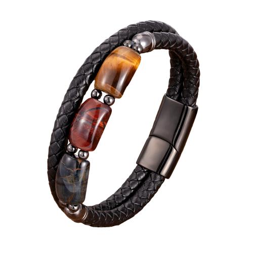 bracelet de cordon en PU , Acier inoxydable 304, avec cordon en cuir & pierre gemme, Placage, unisexe, plus de couleurs à choisir Environ 21 cm, Vendu par PC