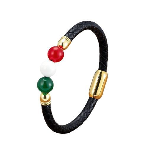 bracelet de cordon en PU , Acier inoxydable 304, avec cordon en cuir & pierre gemme, Placage, unisexe, plus de couleurs à choisir Environ 21 cm, Vendu par PC