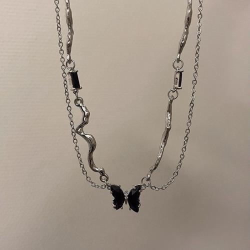 Eisen Fertigprodukte Halskette, mit Verlängerungskettchen von 6cm, plattiert, für Frau & mit Strass, Platin Farbe, Länge:45 cm, verkauft von PC[