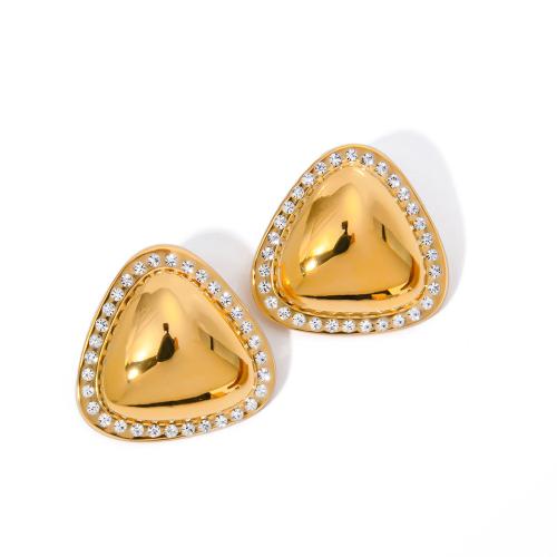 clou d'oreille en acier inoxydable avec stras, Acier inoxydable 304, triangle, Plaqué or 18K, bijoux de mode & pour femme & avec strass, doré Vendu par paire