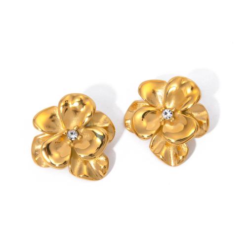 Stainless Steel Rhinestone Stud Earring, 304 Stainless Steel, Flower, 18K gold plated, fashion jewelry & for woman & with rhinestone, golden, 23mm 