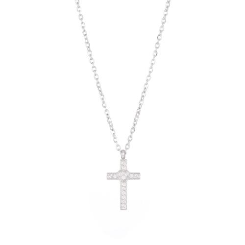 Cubic Zirconia Stainless Steel Necklace, 304 Stainless Steel, with 5cm extender chain, Cross, Vacuum Ion Plating, fashion jewelry & micro pave cubic zirconia & for woman 15mm cm 