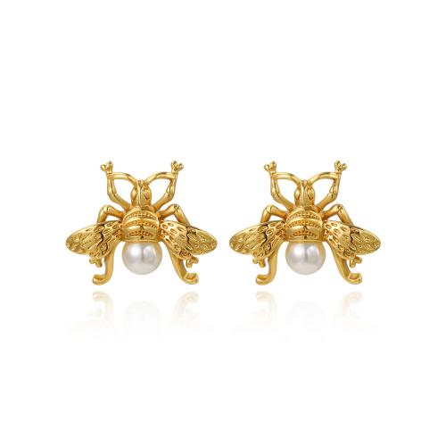 Stainless Steel Stud Earring, 304 Stainless Steel, with Plastic Pearl, Bee, plated, for woman, golden 