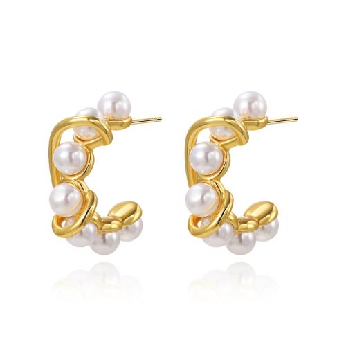 Edelstahl Stud Ohrring, 304 Edelstahl, mit Kunststoff Perlen, plattiert, für Frau, goldfarben, verkauft von Paar