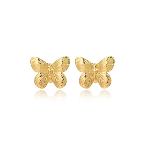 Edelstahl Stud Ohrring, 304 Edelstahl, Schmetterling, plattiert, für Frau, goldfarben, verkauft von Paar