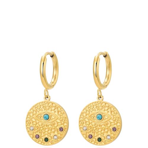 Boucles d'oreilles en acier titane, avec turquoise, Placage, pavé de micro zircon & pour femme, doré, Vendu par paire