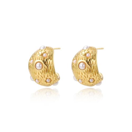 Stainless Steel Stud Earring, 304 Stainless Steel, with Plastic Pearl, plated, for woman, golden 