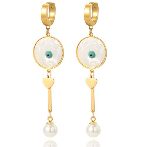 Titanium Steel Earrings, with White Shell & Plastic Pearl, plated, for woman & enamel, golden 