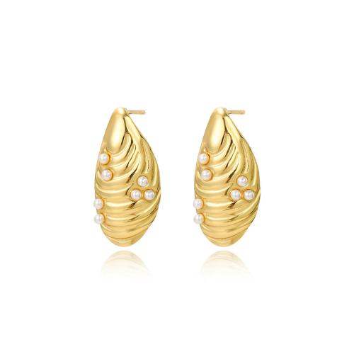 Titan Stahl Ohrringe, Titanstahl, mit Kunststoff Perlen, plattiert, für Frau, goldfarben, verkauft von Paar
