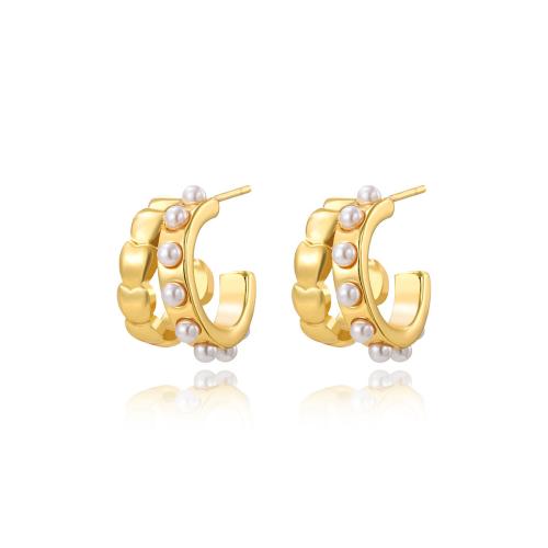 Titan Stahl Ohrringe, Titanstahl, mit Kunststoff Perlen, plattiert, für Frau, Goldfarbe, verkauft von Paar
