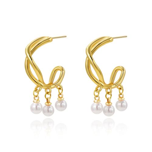 Edelstahl Stud Ohrring, 304 Edelstahl, mit Kunststoff Perlen, plattiert, für Frau, goldfarben, verkauft von Paar