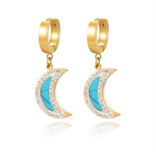 Titanium Steel Earrings, with turquoise, plated, micro pave cubic zirconia & for woman, golden [