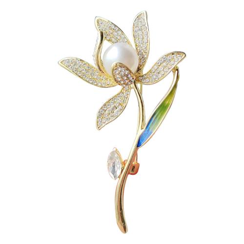 Zinc Alloy Jewelry Brooch, with Plastic Pearl, plated, micro pave cubic zirconia & for woman, golden 