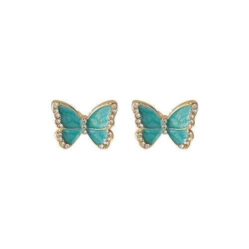 Enamel Zinc Alloy Stud Earring, Butterfly, fashion jewelry & for woman & with rhinestone, blue 
