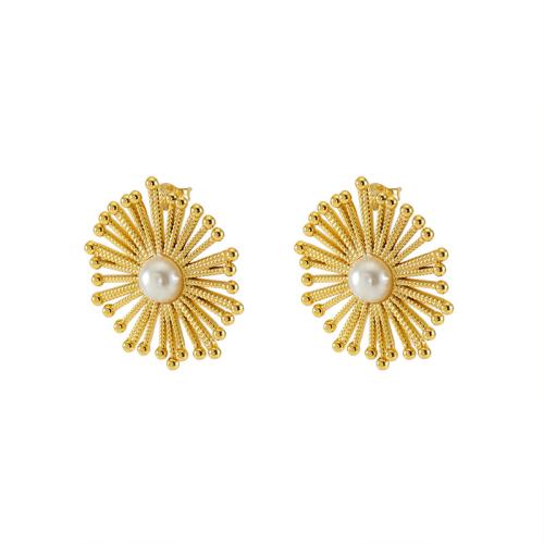 Stainless Steel Stud Earring, 304 Stainless Steel, with Plastic Pearl, 18K gold plated, fashion jewelry & for woman, golden 