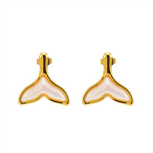 Stainless Steel Stud Earring, 304 Stainless Steel, with Resin, Mermaid tail, 18K gold plated, fashion jewelry & for woman, golden 