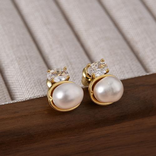 Cubic Zirconia Micro Pave Brass Earring, with Freshwater Pearl, plated, fashion jewelry & micro pave cubic zirconia 