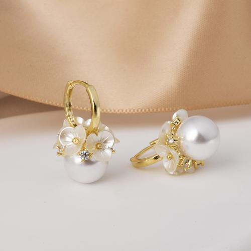 Brass Hoop Earring, with ABS Plastic Pearl, gold color plated, fashion jewelry & with rhinestone, golden, 23mm 