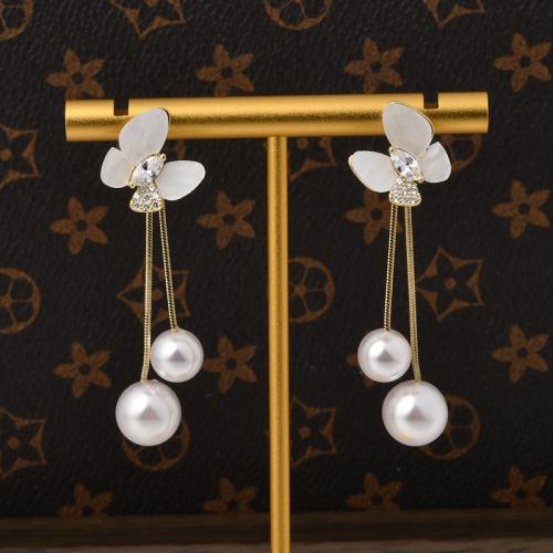 Brass Drop Earring, with Shell & Plastic Pearl, gold color plated, fashion jewelry & with rhinestone, golden, 52mm 